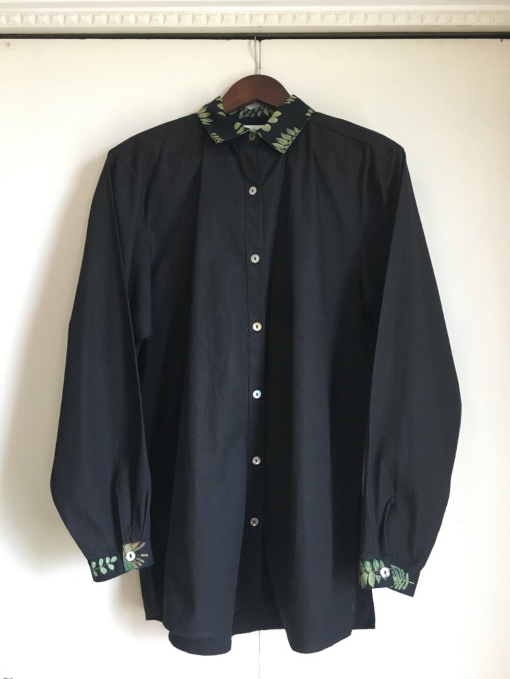 Deborah Murray Canada Black Cotton Forest Fae Mother of Pearl Button Up Shirt